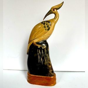 VTG Buffalo Horn Bird Carving Heron Barry Stein Scrimshaw Sculpture Hand Carved